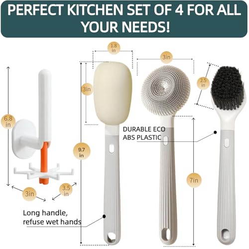 Dish Brush with Handle,4-Pieces Dish Brush Set with Holder,Replaceable Brush Heads Long Handle Kitchen Scrubber,for Pots,Sink,Pans &Bottles.Gray