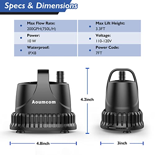 200GPH Submersible Water Pump, 10W Water Fountain Pump, Aquarium Pump, 750L/H Water Pump with 7ft Power Cord for Garden Fountain, Water Table, Waterfall, Fish Tank, Pond, Hydroponics