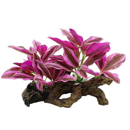 Fish Tank Decorations Aquarium Decor Ornaments Betta Pink Leaf pad Hammock Artificial Driftwood Goldfish Bowl Accessories (Hot Pink Set)