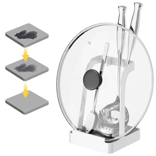 NiHome White Pot Lid Holder with Light Gray Diatomite Tray, Non-Slip Silicone Pad, Powder-Coated Iron Stand for Lids, Utensils & Cutting Boards, Compact 3.9" × 3.9" × 6" Kitchen Organizer (White) - color: Medium White, size: with diatomite