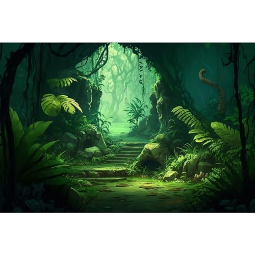 Cartoon Jungle Cave Aquarium Background Green Prehistoric Tropical Leaves Fish Tank Background Small Path Misty Rainforest Reptile Tank Backgrounds Foggy Cave Reptile Enclosure Backgrounds 24x12in - color: Bright Green, size: 24(W)x12(H)inches/ 60(W)*30cm