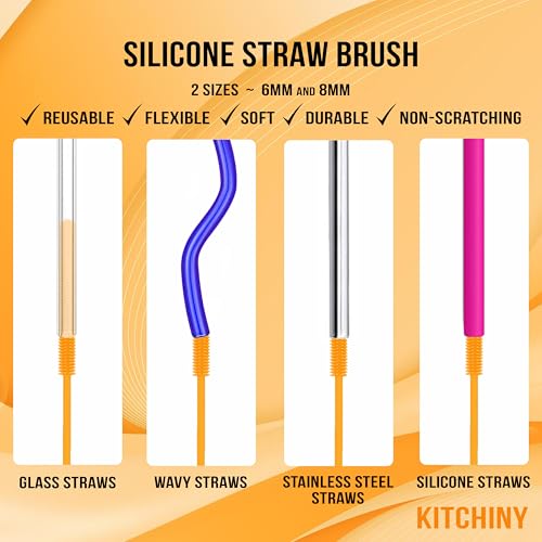 Silicone Bottle Brush with 2 Straw Cleaners - 12.5” Water Bottle Cleaner Brush for Yeti, Hydro Flask, Owala, Stanley, Baby Bottles, Glassware, Vases & Narrow Neck Containers - Orange