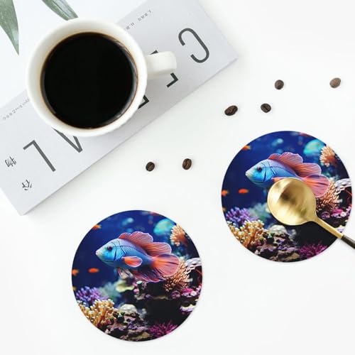 Drink Coasters Set of 4 Leather Coasters for Drinks Coral Reef Fish Aquarium Round Cup Mat Pad Easy Clean Bar Coasters Heat Resistant Funny Cup Coasters for Tabletop Protection,4 Inches - color: Round Shape