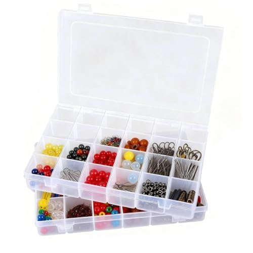 Megoogo 2pack 24 Grid Clear Plastic Bead Organizer Box with Adjustable Dividers, Bead Organizers and Storage Container Box with 2 Label Sticker for Craft Buttons Fishing Tackles Tools Hair Accessories