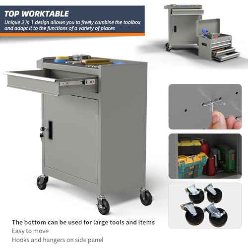 5-Drawer High Capacity Rolling Tool Box, Removable Cabinet Storage Tool Chest with Wheels and Drawers, Detachable Toolbox with Lock for Mechanics Garage Workshop and Tool Room (Grey) - color: Grey