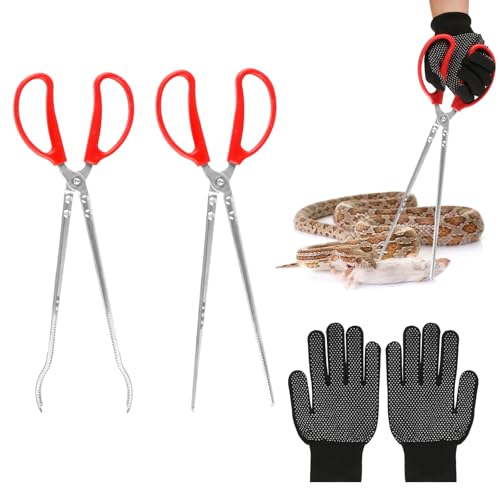15 Inch Snake Feeding Tongs, 2 PCS Stainless Steel Reptile Tongs, Extra Long Large Tweezers for Bearded Dragon Ball Python Tank Accessories Terrarium Supplies With Gloves