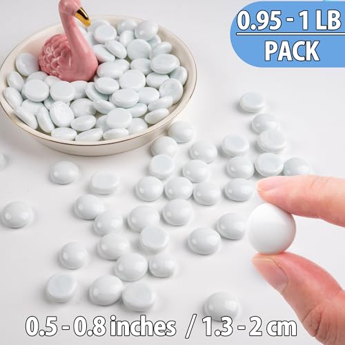 Meschett White Glass Marbles, 0.97 LB Flat Glass Beads for Vases, Mosaic Gem Pebbles for Aquarium Decor, Floral Arrangements Vase Filler Smooth Mancala Stones and Crafts Approx. 80-100PCS - color: White