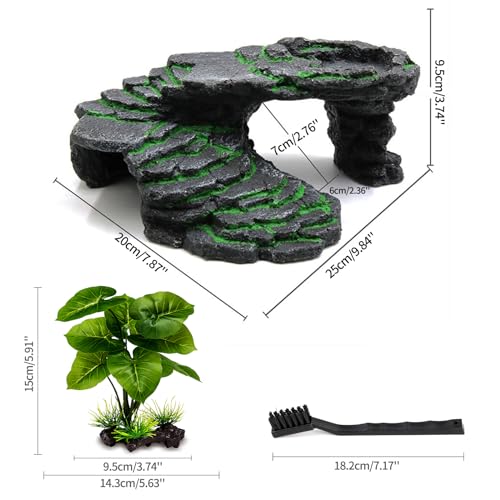 MoonOrange Turtle Basking Platform Kit, Reptile Habitat Hideout, Decorative Resin for Aquarium & Terrarium, Including Artificial Plant and Cleaning Brush. (B-Medium-Black)