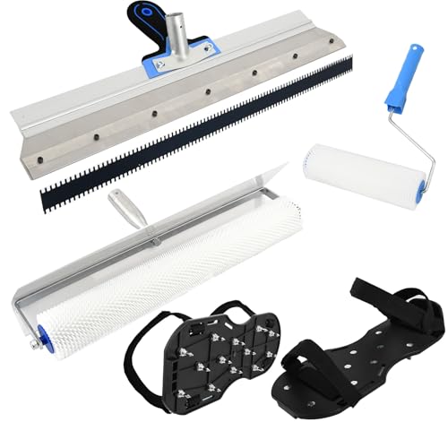 Self-Levelling Cement Tool Kit,Spike Roller for Self Leveling Cement,Epoxy Floor Tools,Roller Brush,Floor Construction Roller Spiked Shoes,Stainless Steel Scraper Self-Leveling Rake(Blue)