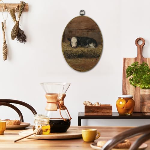 XFCICRLJ Vintage Farmhouse Cow Wall Art Decor, Rustic Country Oval Canvas Prints Framed, Cottagecore Cow Farm Animals Wall Art Decorations for Home Bedroom Living Room Decor, 11x8.5 Inch - color: Cattle01