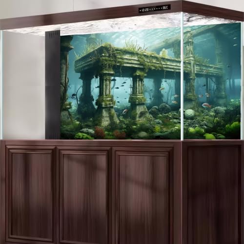 Under The Sea Fish Tank Background Sunken Ancient City Ruins Aquarium Background Mysterious Submerged City Sea Plants Terrarium Backgrounds Coral Reef Ruins Reptile Tank Enclosure Backgrounds 24x12in - color: Green_Gray, size: 24(W)x12(H)in