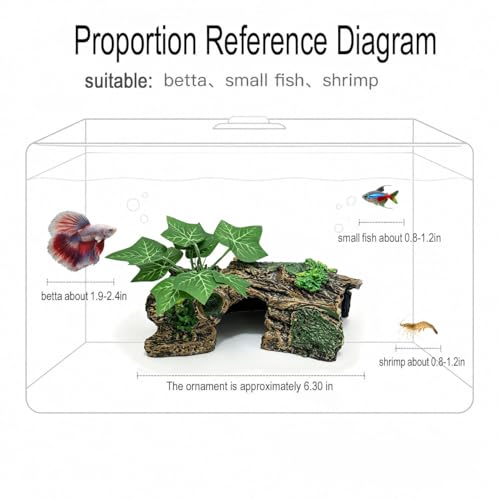 Resin Hollow Tree Trunk Aquarium Decor, Betta Fish Tank Accessories, Reptile Hide for Small Fish to Hide and Rest (Grape Leaves)