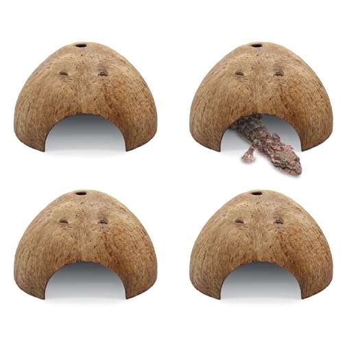 4 PCS Natural Coconut Reptile Hideouts Lizard Coco Hut Hermit Crab Hut Aquarium Fish Hide Cave Spider Snail Climber Toys - size: 4 PCS Smooth Surface