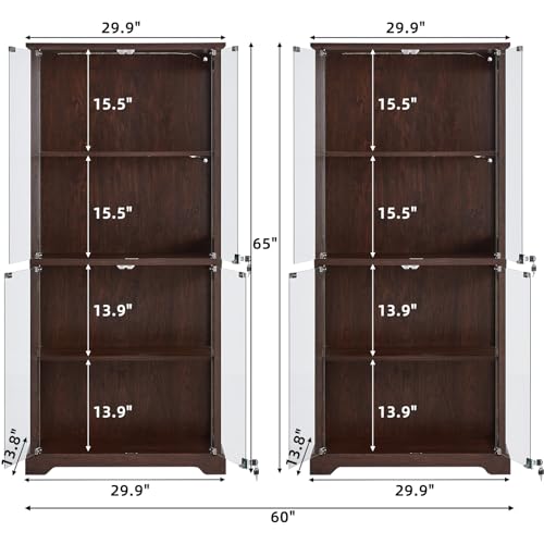 LELELINKY Farmhouse Glass Display Cabinet Set of 2 with Doors, Wooden Curio Cabinet for Collectibles with 3-Color LED Motion-Sensor Light & Reinforced Base, Walnut - color: Walnut, size: Set of 2