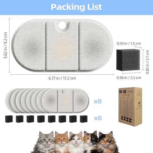 8 Pack Cat Water Fountain Filter Replacement for PLWF002 71oz/2.1L Capsule Pet Water Fountain with 8 Pre-Filter Sponges, Pet Fountain Filter Replacement with Four Filtration System, BPA-Free - size: 8 Filters+8 Sponges