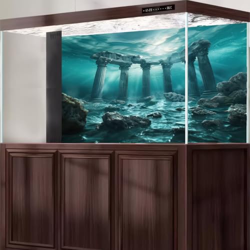 Under The Sea Aquarium Background Underwater Marine Ruins Ancient Structures Fish Tank Background Coral-Encrusted Artifacts Stunning Ocean Terrarium Backgrounds Diving Theme Tank Backgrounds 24x12in - color: Dark Blue, size: 24(W)x12(H)in