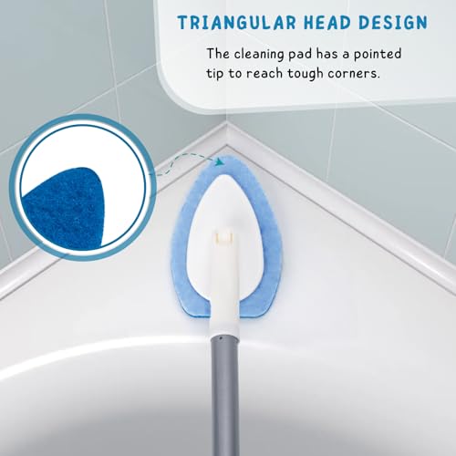 Shower Scrubber, Bathroom Tub and Tile Cleaner Brush with Long Handle, 47'' Bathtub Cleaning Tool with 6 Refill Pads - color: Blue, size: Scrubber with Long handle