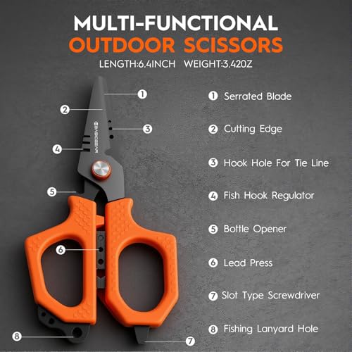 BasicGear Fishing Multi-Tool Scissors – Titanium-Coated, Stainless Steel, Multi-Tool Cutter with Hook Adjuster, Screwdriver, Bottle Opener, Sheath & Non-Slip Grip for Saltwater or Freshwater Use - color: 440c Stainless Steel