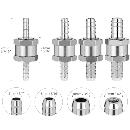 QWORK Aluminum Alloy Fuel Line Check Valves 1/4 5/16 3/8 1/2 Inch, 4 Pack One Way Non Return Valves for Gasoline Diesel Oil Water with High Pressure Resistance and Easy Installation Silver