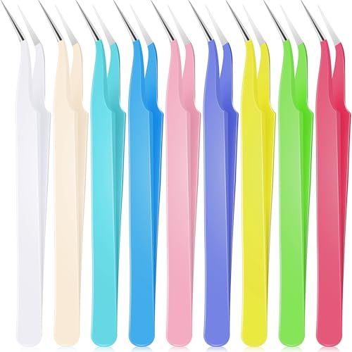 Honoson 9 Pieces Curved Pointed Craft Tweezers Stainless Steel Precision Tweezer with Protective Cover for Rhinestones Dried Flowers Craft Stickers Eyelash Extension Jewelry Making(Macaron Colors) - color: Macaron Colors