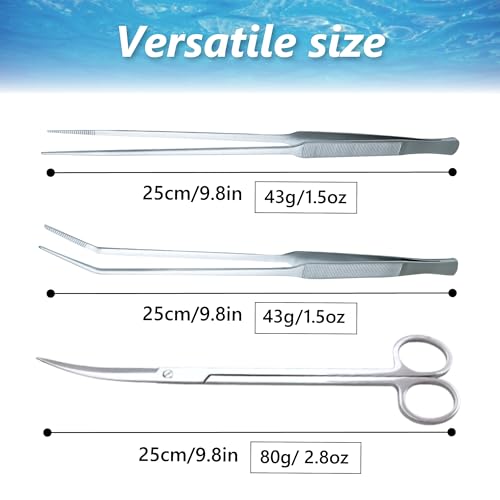 3-Piece Aquascaping Tools Set – 25cm / 9.8in Straight & Curved Long Tweezers, Scissors, Fine Tip 1mm – Aquarium Plant Care, Terrarium Tools