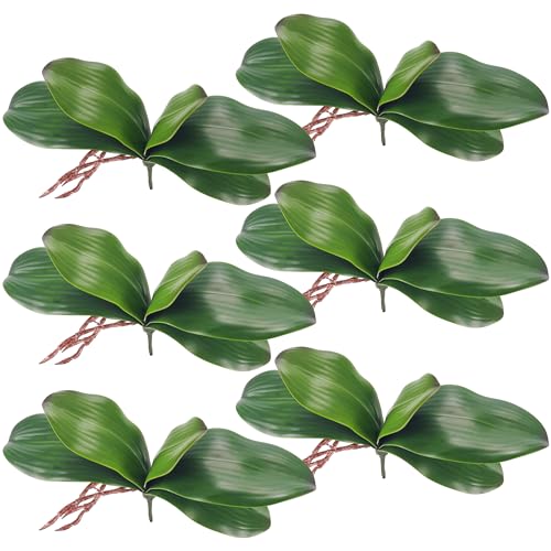 Miracliy Fake Orchids 6 Pack Artificial Orchid Leaves Faux Greenery Stems for Vase Shelf Desk Bathroom Decor and DIY Floral Arrangements for Small Spaces - size: 6pcs