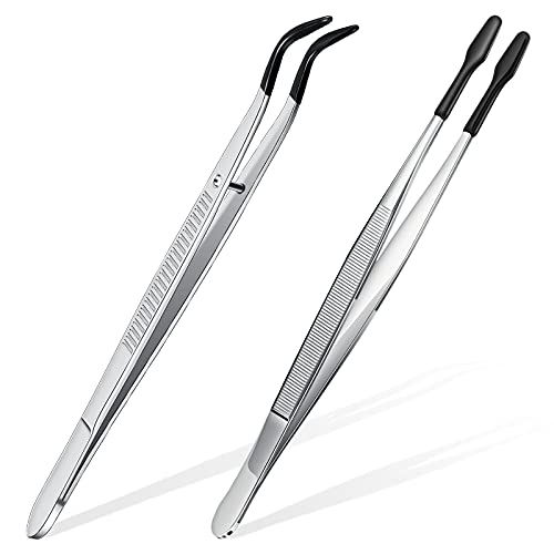 2 Piece Tweezers with Rubber Tips Set - Bent and Straight Flat Tips Tweezers PVC Coated for Stamp Coins Jewelry Crafts, Electronics(Silver, Black) - color: Silver, Black