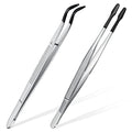2 Piece Tweezers with Rubber Tips Set - Bent and Straight Flat Tips Tweezers PVC Coated for Stamp Coins Jewelry Crafts, Electronics(Silver, Black) - color: Silver, Black