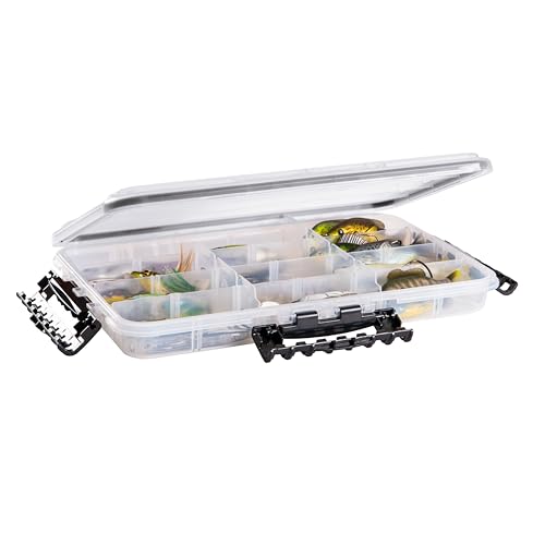 Plano Waterproof 3700 Stowaway Tackle Box, 14" X 9" X 1.875", Durable Cam-Action Latches, O-Ring Seal, Adjustable Dividers for Versatile Fishing Storage, Clear/Red - size: 3700, style: Regular