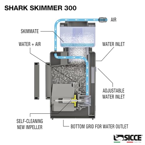 Sicce Shark Nano Protein Skimmer 300 up to 80 Gallon Saltwater Aquariums | Ultra Quiet Pump, Adjustable, Compact, Small Aquarium Marine Reef Tank