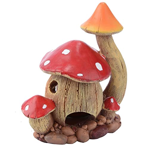 Aquarium Decorations Mushroom House Fish Tank Cave Ornament for Small Hideaway Decor Landscape Ornament for Castle Hiding Reptile Amphibian Toys Rock and Fairy Garden Decoration (Red)