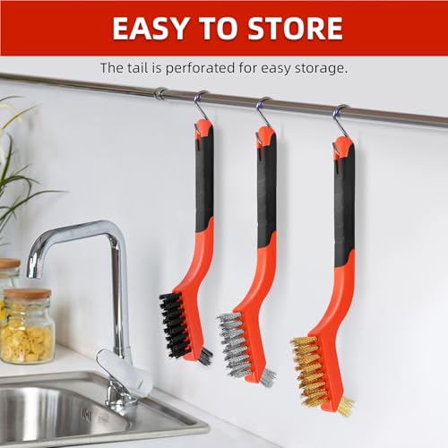 6pcs Wire Brushes for Cleaning Rust, Upgrade Wire Brush Set - Brass/Stainless Steel/Nylon Bristles, Small Metal Wire Brush with Curved Handle Grip, Wire Brushes for Paint and Stain, 7 Inches - style: 6pcs