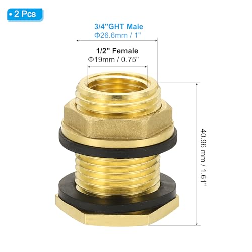 PATIKIL Brass Bulkhead Fitting 2 Pcs 1/2" NPT Female x 3/4" GHT Male, Garden Hose Threaded Double Threaded Bulkhead Water Tank Connector for Rain Bucket, Sinks, Aquariums
