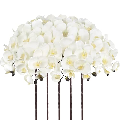 36'' White Orchids Artificial Flowers 10 Large Blooms Faux Phalaenopsis Branches 5PCS Fake Silk Orchids Stems for Tall Vase for Wedding Home Table Party Decor (White) - color: White