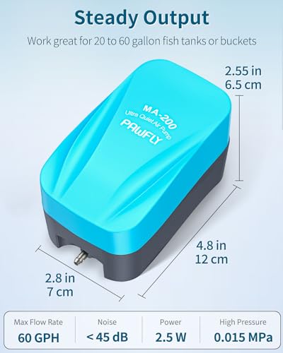 Pawfly Aquarium Air Pump 60 GPH Oxygen Pump for 20 to 60 Gallon Fish Tanks Buckets Quiet Aerator Pump Kit with Airline Tubing Control Lever Valve Air Stones and Check Valves - style: With Airline Tubing Control
