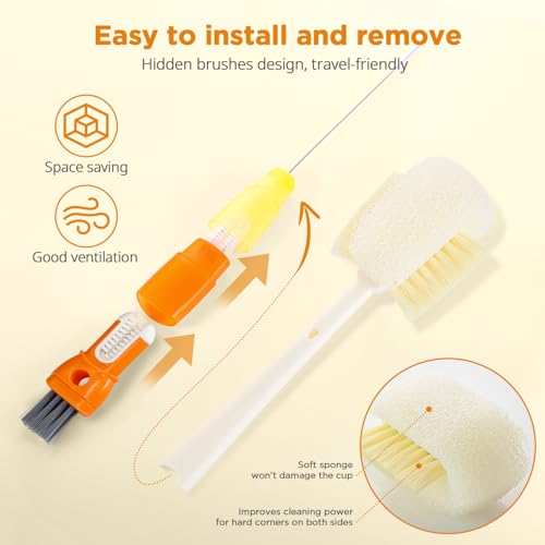 OUTXE 6 Pack Bottle Brush Set, 5-in-1 Water Bottle Cleaner Brush, 14" Long Handle Bottle Cleaning Brush, 3 Straw Brush, Removable Nipple Detail Brush for Cup Lid Gap, with Replecement Sponge - color: Orange, size: 6 Pack