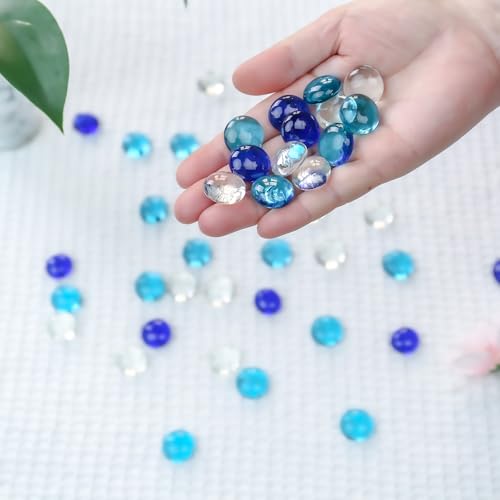 CYS EXCEL Blue Mix Glass Gemstone Beads Vase Fillers (2 LBS) Flat Marble Beads Multiple Color Choices Aquarium Decor Rocks Floral Stones Decorative Mosaic Gem Pebbles - color: Clear&blue Mix, size: 2 lb