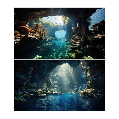 2 Packs Under The Sea Aquarium Background Underwater Rock Bridge Jungle Cave Landscape Fish Tank Background Blue Water Sunbeams Fantasy Rocks Moss Sunrays Aquarium Fish Tank Backgrounds 24x16in - color: Dark_Blue, size: 24(W)x16(H)inches/ 60(W)*40cm(H)