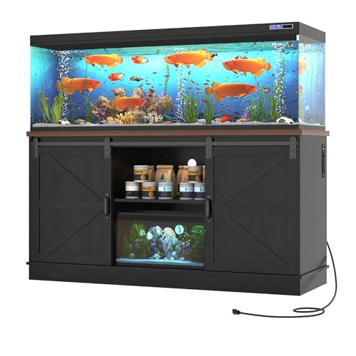 Hlivelood Farmhouse 75-120 Gallon Fish Tank Stand with Power Outlet, Aquarium Stand w/Cabinet&Sliding Barn Door, Heavy Duty Reptile Tank Stand for Fish/Turtle/Reptile Terrarium, 1000LB Capacity, Black - color: Black, size: 75-120 Gallon