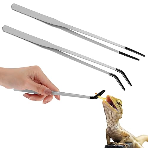 Lasnten 2 Pcs Extra Long Stainless Steel Reptile Feeding Tongs with Rubber Tip 10 Inch, 10.5 Inch Bearded Dragon Aquarium Straight and Curved Long Tweezer Terrarium Feeder Tool for Tank(Silver) - color: Silver, size: 10 Inch, 10.5 Inch