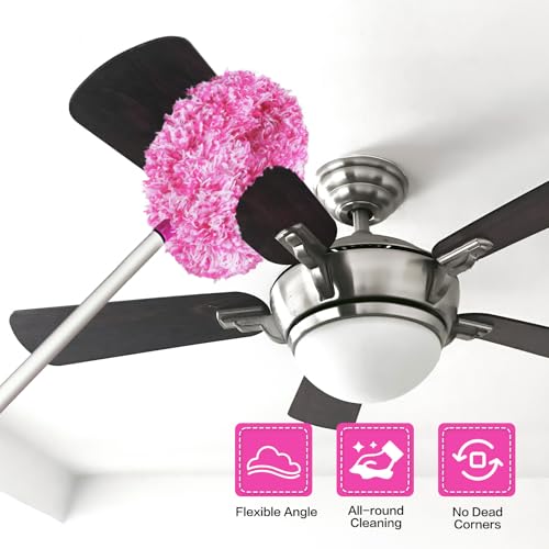 Ceiling Fan Cleaner Duster Reusable Microfiber Ceiling Fan Blade Cleaner Removable Duster with Extension Pole Adjusts 13 to 49.7 Inch for Cleaning Walls Furniture Door Window Top (Rosy White) - color: Rosy White