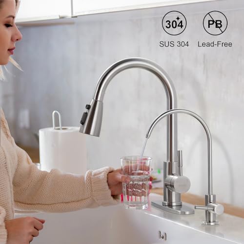 Kitchen Faucet and Water Filter Faucet Combo, WOWOW Stainless Steel Kitchen Sink Faucet with Drinking Water Faucet for Reverse Osmosis or Water Filtration System, Brushed Nickel - color: A: Brushed Nickel, style: Kitchen Faucet & Filter Faucet