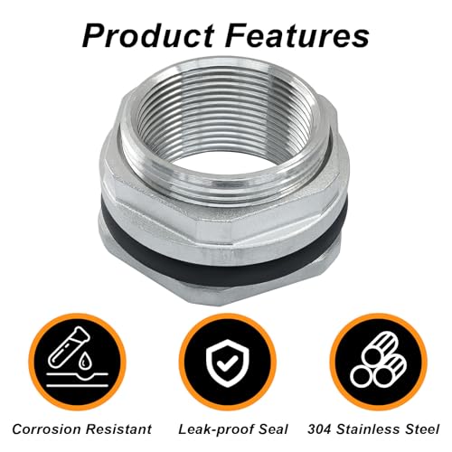 Murtenze 1.5" Bulkhead Water Tank Connector, Stainless Steel Water Tank Fitting Thru-bulk Adapter, Water Pipe Connector for Rain Barrels/Aquariums/Water Tanks - size: 1.5 Inch