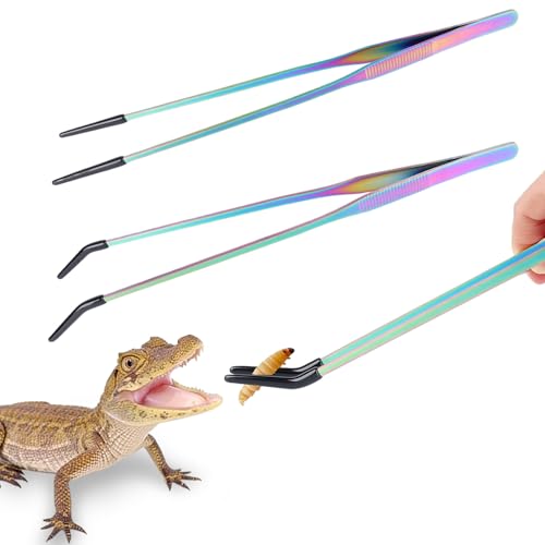 2 Pack Stainless Steel Reptile Feeding Tongs with Rubber Tip, 10.6" Straight & Curved Tweezers, for Aquarium or Craft, Planted Tank, Terrarium Tank, Feeder for Beard Dragons, Lizard and Snakes - color: 10.6"Colorful