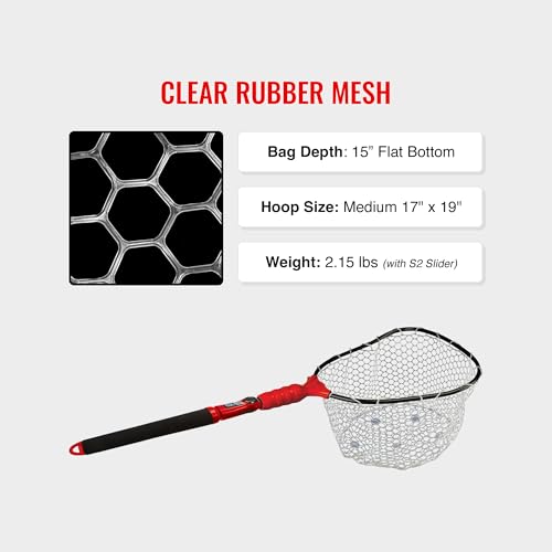 EGO S2 Slider Fishing Net Handle | Adjustable Extension Handle, Minimal Water Drag Design, Ergonomic Foam Grip for Landing Nets - size: 18" to 36" Handle, 17" x 19" Hoop, style: Lightweight Non-tangle Clear Rubber Mesh