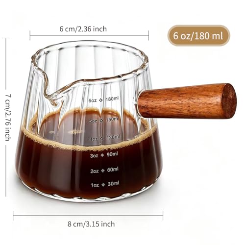 6 oz Espresso Cups - Glass Measuring Cups with Spout - Ribbed Small Creamer Pitcher- Expresso Shots Cup with Wood Handle for Coffee Milk, Dishwasher Safe (Transparent, 2 pack) - color: Transparent, size: 2 pack