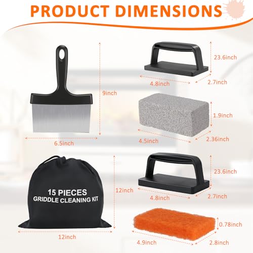 Griddle Cleaning Kit for Blackstone,15 Pieces Flat Top Grill Cleaning Kit with Grill Scraper, Griddle Bricks and Brush Easy to Remove Stain,Griddle Accessories Cleaner Tool Set with Storage Bag
