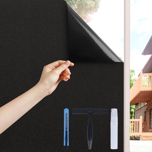 Volcanics Blackout Window Film with Installation Tools, Privacy Frosted Sun Blocking Black Window Cover Room Darkening Window Tint for Home Static Cling 100% Light Blocking 17.5 x 78.7 Inches - color: Frosted Black, size: 17.5" X 78.7"