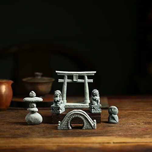 6 PCS Mini Zen Garden Accessories, Miniature Garden Bridge Foo Dogs Torii Gate Sandstone Figurines Meditation Zen Decor Japanese Fish Tank Terrarium Decorations Plant Pots Bonsai Craft Decor (M) - style: Garden