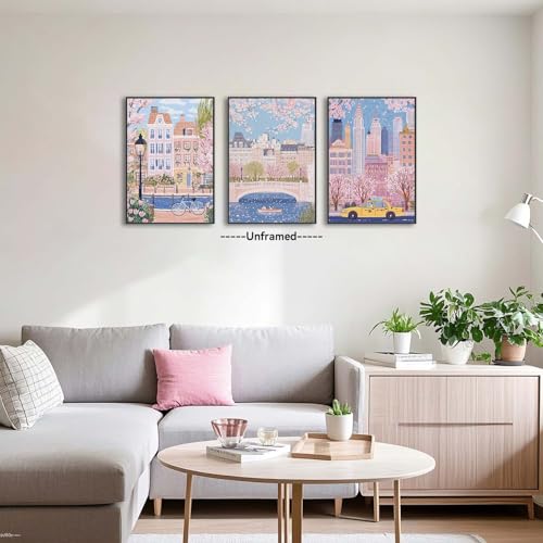 XLARTMY Watercolor City Landscape Travel Wall Art Canvas Framed Pink Cherry Flower Poster Girly Prints Painting Pictures Set of 3 for Bedroom Living Room Office 16x24in Unframed - color: Watercolor City PB, size: 16x24in Poster